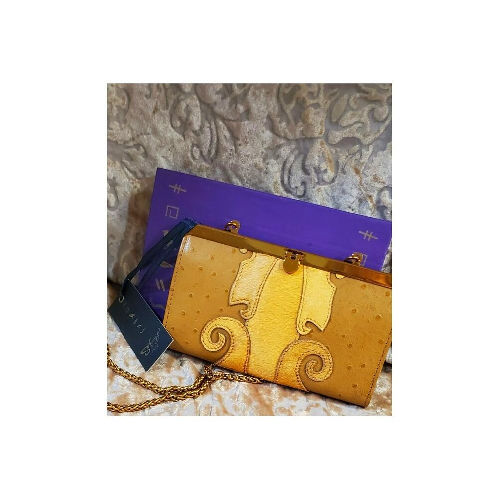 NWT Sharif Museum Clutch Purse/Wallet Ostrich Leather Gold
